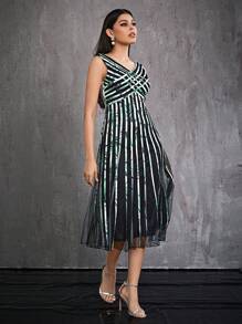 V-Neck Mesh Drawstring High Slit Evening Dress Party Dress Wedding Guest Cocktail Dress - Black - View 3