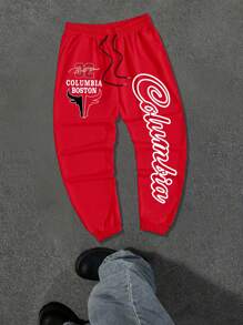 Manfinity EMRG Plus Size Men's Letter Print Drawstring Waist Sweatpants - Red - View 5