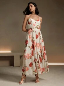 Anewsta Vestido de tirantes de mujer con elegante estampado de rosas y flores, para el verano - Blanco - Ver 7