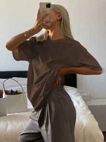 Livesso 女士纯色圆领宽松短袖T恤夏季超大码T恤学院风上衣 - 棕色 - 查看 4