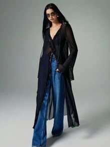 Poéselle 女式纯色 Y2K 荷叶边网眼喇叭袖前系带长款时尚衬衫