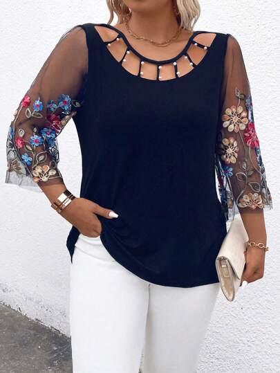 Plus Size Women's Spring & Summer Casual Floral Embroidered Mesh Contrast Blouse