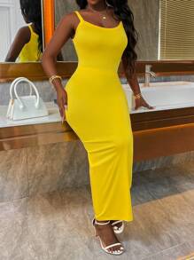 Xyvia Solid Color Sexy Bodycon Dress With Spaghetti Straps For Summer Maxi Women Outfit - Yellow - View 6