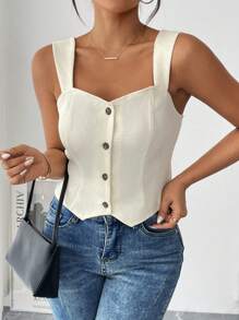 Chiquease Summer Casual Solid Color Front Button Tank Top - Apricot - View 5