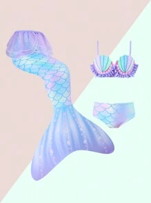 SHEIN 年轻女孩 3 件套印花比基尼套装带荷叶边，两件套，泳衣 - 彩色 - 查看 3