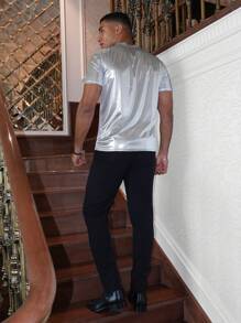 AKNOTIC Men Crew Neck Short Sleeve Plain Metallic Summer Tee, 2000s Style T-Shirt, Couple Things - Silver - View 5