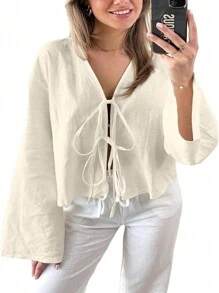 INAWLY Blusa de manga larga atada al frente, sencilla y casual para mujer, ropa de otoño