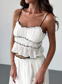 Aloruh 2pcs Women Romantic Date & Vacation Contrasting Texture Multi-Layered Contrasting Trim Camisole + Contrasting Trim Ruffle Skirt Set - White - View 6