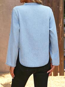 SHEIN LUNE Vacation Casual Notched Neck Roll Up Sleeve Denim Shirt - Light Wash - View 2
