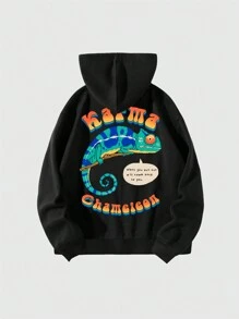 Vincenttrinidadart Stylish And Fun Lizard Print Letter Hooded Long Sleeve Zipper Sweatshirt For Street Wear - Black - View 1