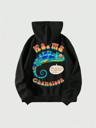 Vincenttrinidadart Sudadera con capucha con cremallera elegante y divertida con estampado de lagarto y letras de manga larga para usar en la calle