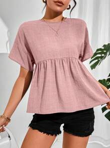 SHEIN Essnce Women's Summer Solid Color Round Neck Batwing Short Sleeve Ruffle Hem Loose Babydoll Top - Pink - View 4