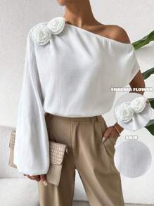 Chiquease Camisa de manga larga asimétrica de hombro con estampado floral 3D texturizado arrugado blanco casual para mujer, otoño/invierno - Blanco - Ver 1