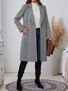 SHEIN LUNE 1pc Casual Single-Breasted Long Sleeve Textured Woolen Coat, Autumn/Winter
