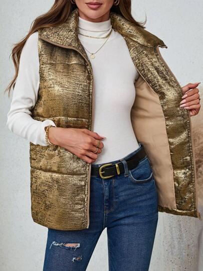 SHEIN LUNE Abrigo informal con acolchado sin mangas recubierto en dorado para mujer