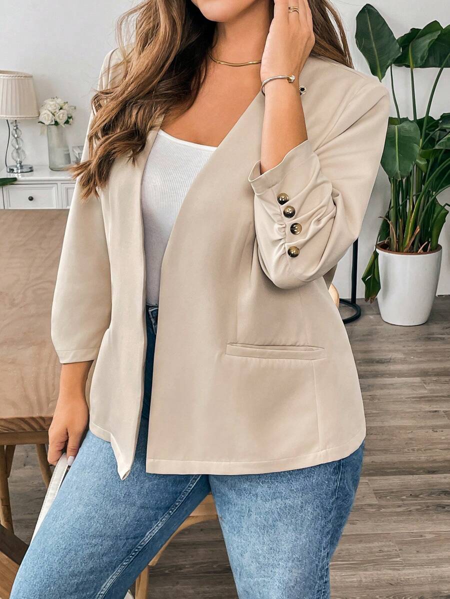 SHEIN Essnce 大码女装秋季休闲宽松卡其色长袖薄款西装外套，秋装，女士外套，办公室装，教师服，商务休闲女装，秋季女装上衣，老款 - 棕色 - 查看 1