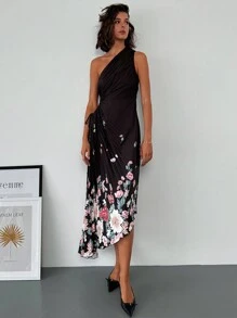 SHEIN Privé Women's Elegant Floral Print Cinched Waist High-Low Dress For Summer - Black - View 4