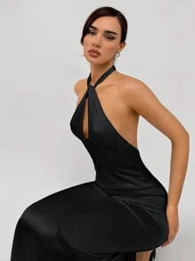 Aloruh 女士镂空前褶饰露背紧身连衣裙，适合派对婚礼，美人鱼轮廓 - 黑色 - 查看 4