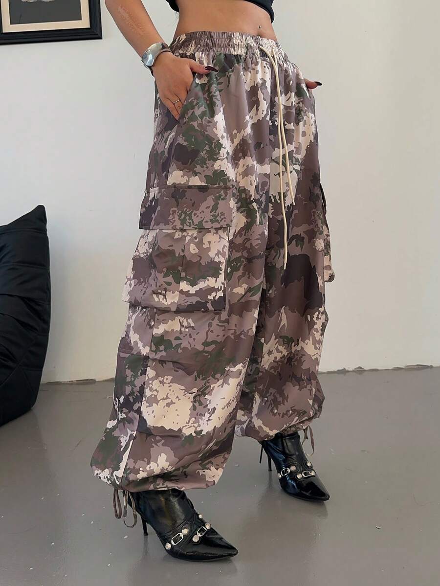 Flirla Plus Size Elastic Drawstring Side Pocket Camouflage Fashion Casual Pants - Multicolor - View 1