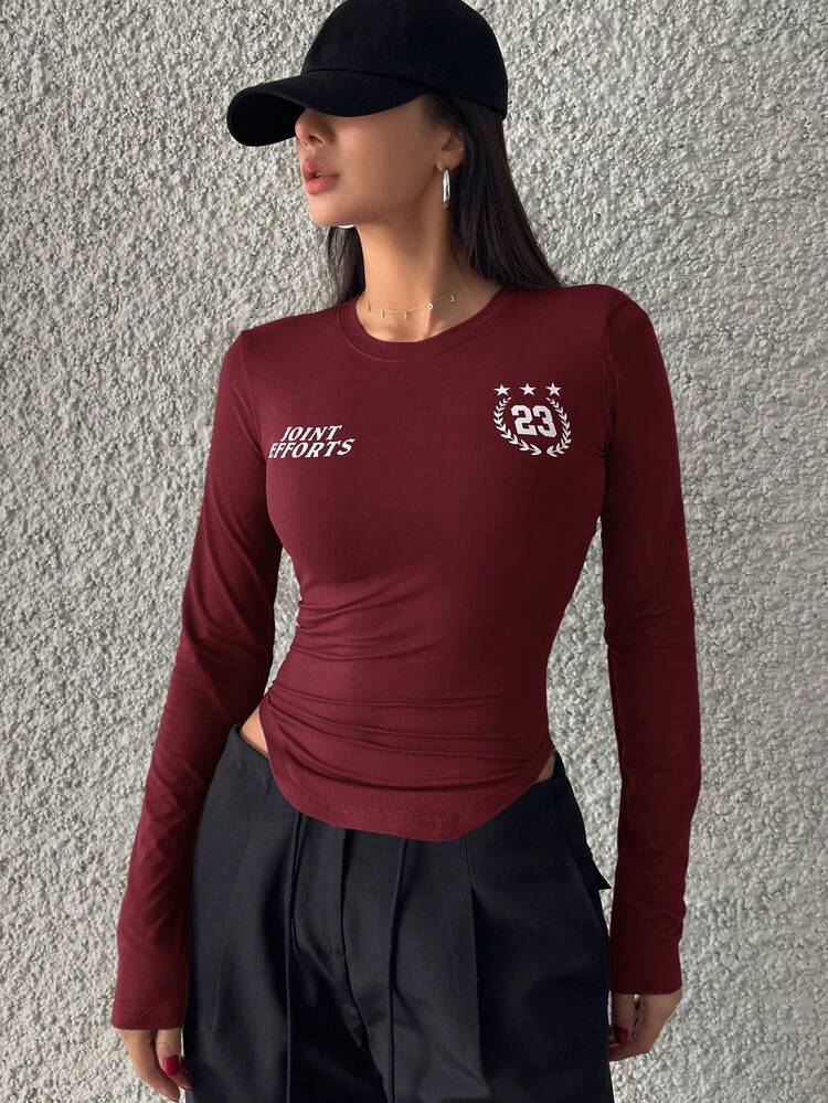 Women's Crew Neck Letter & Number Print Long Sleeve Wrap-Around Hem T-Shirt, Graphic Tee Jersey,Fall Clothes