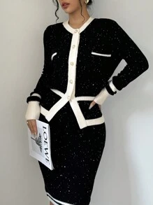 Elenzga 2pcs Women's Elegant Contrast Color Trim Asymmetric Hem Long Sleeve Blouse And Skirt Sweater Set - Black - View 3