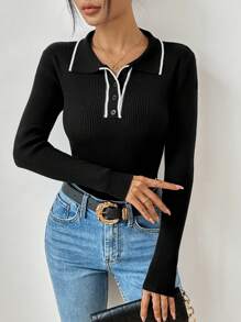 Chiquease Women's Color Block Trim Simple Daily Long Sleeve Collar Sweater