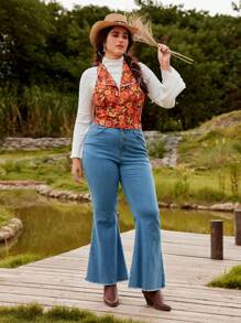 SHEIN MOD Top tipo tank con cuello halter, de talla grande, con estampado floral retro hippie, parches de encaje - Multicolor - Ver 8