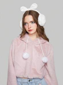 ROMWE 1pc Cute Solid Color Bow Plush Earmuffs, Winter Daily Commute Warm Earmuffs, Kawaii Rabbit Ear Ear Covers - White - View 4