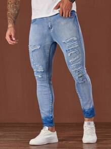 Manfinity Roughcore Vaqueros ajustados informales de denim azul claro para hombre - Lavado ligero - Ver 7