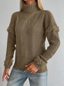 Cloudara Turtleneck Fringe Trim Drop Shoulder Sweater - Mocha Brown - View 3