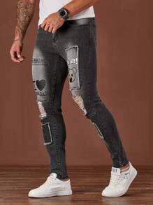 Manfinity LEGND Jeans pitillo de calle negros de denim con estampado de letras para hombres - Negro - Ver 3