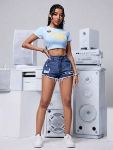 SHEIN PETITE Quần short denim rách rưới cài nút phía trước nhiều túi cho nữ, quần Jort, trang phục thường ngày - Rửa tối - Xem 5