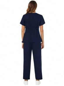TaskEZ 2pcs Solid V-Neck Pocket Scrubs Top And Pants  Uniform Set - Navy Blue - View 2