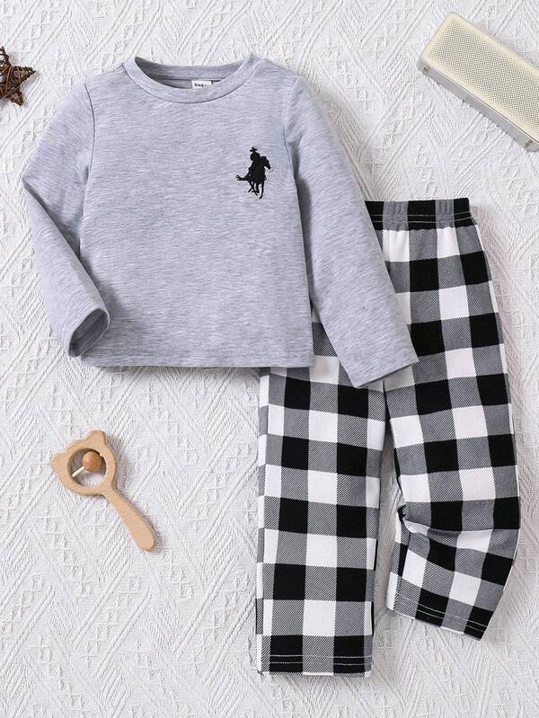 2pcs Urban Casual Baby Boy Embroidered Crew Neck Long Sleeve T-Shirt And Plaid Long Pajama Pants Loungewear Set, For Christmas
