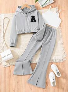 2 piezas Conjunto casual de chaqueta con capucha con cierre de cremallera y texto con textura y pantalones para niñas adolescentes de moda - Gris - Ver 1