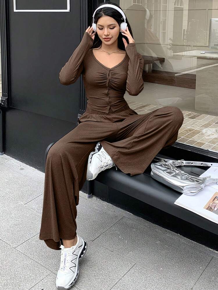 2pcs Women's Ruched Slim Fit Long Sleeve Blouse And Straight Loose Fit Pants Set,Fall Clothes Lounge Sets For Women