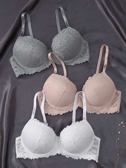 Snug Zone 3pcs Floral Lace Underwire Bra Lingerie