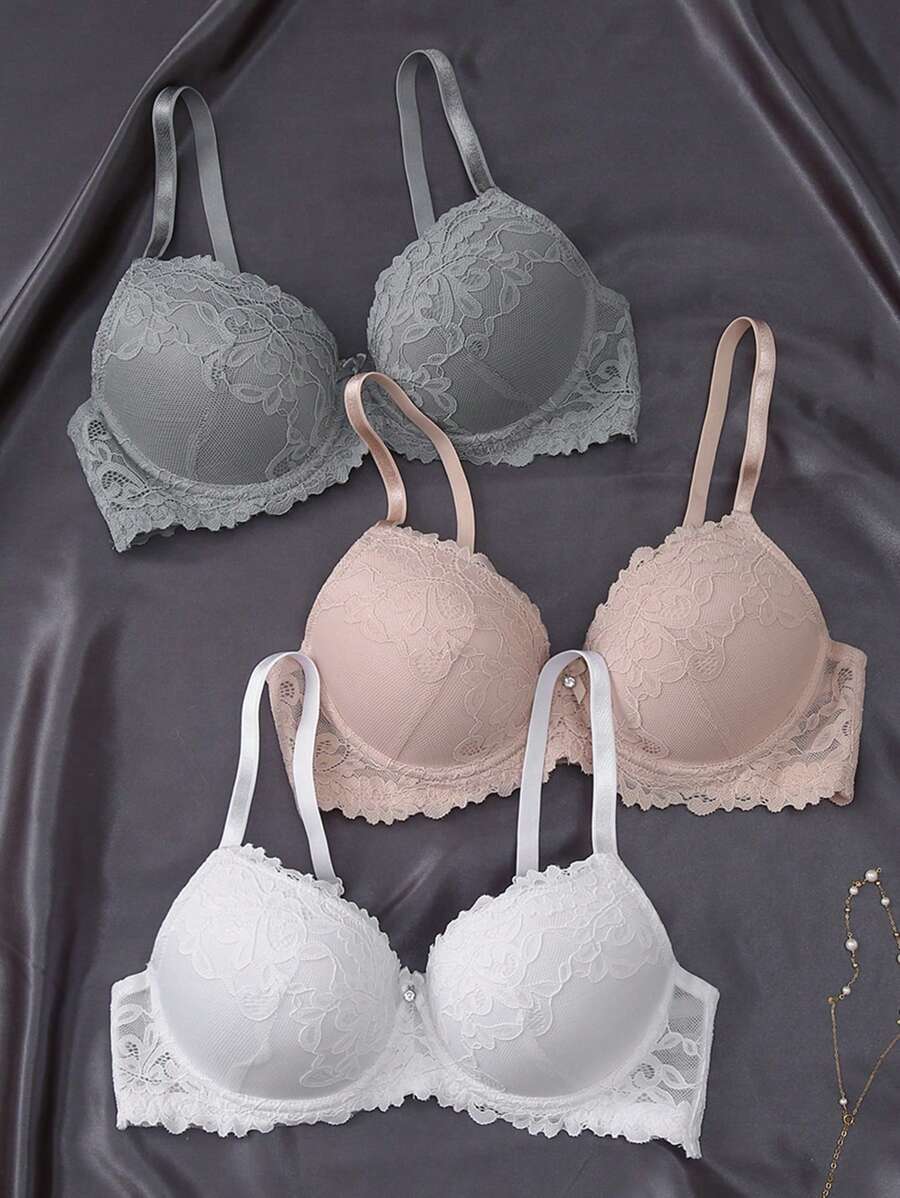 3pcs Floral Lace Underwire Bra Lingerie - Multicolor - View 1