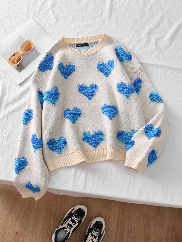 SHEIN Qutie Maglione lavorato a maglia a maniche lunghe con collo tondo e motivo a cuore, indossabile in modo casual tutti i giorni
