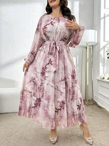 Modelyn Plus Size Round Neck Long Sleeve Allover Print Waist Tie Elegant Dress, Full Cover Dress For Casual Daily/Work/Holiday/Evening Parties/Wedding Guest Long Evening Dresses