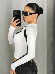 SHEIN ICON Y2k  Homecoming Dresses School Women Clothes Fall Women Clothes Tight Fit Women Crew Neck Color Block Studded Decorative T-Shirt - Black and White - View 4