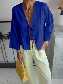 INAWLY Áo sơ mi nữ tay dài buộc dây đơn giản hàng ngày màu trơn - Xanh đậm - Xem 5