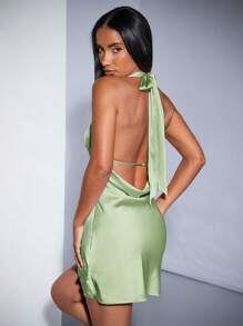 SHEIN BAE Váy màu đào hở lưng màu khỏa thân/hồng nhạt màu rắn V sâu, dây thắt nơ cổ bằng Satin/Đầm mini dự tiệc/cocktail cho khách dự đám cưới, trang phục buổi hòa nhạc mùa hè - Màu xanh Bạc hà - Xem 8