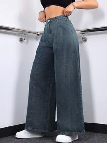 Women's Faux Pocket Design Distressed Wide Leg Denim Pants - Blue - View 6