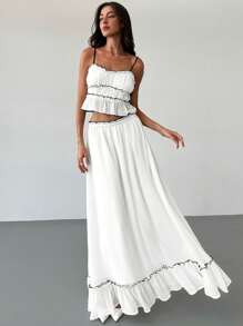 Aloruh 2pcs Women Romantic Date & Vacation Contrasting Texture Multi-Layered Contrasting Trim Camisole + Contrasting Trim Ruffle Skirt Set - White - View 7