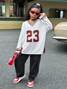 SHEIN Tween Girls Retro Collegiate Casual V-Neck Short Sleeve Blouse