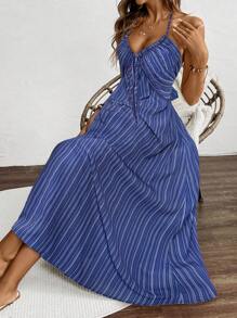 Breezaya Women's Summer Vacation Striped Backless Halter Dress - Royal Blue - View 6