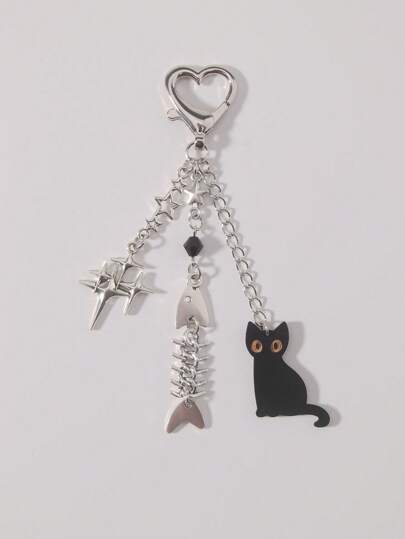 Goth Porte-clés pendentif style punk avec étoile, arête de poisson, chat noir et perle noire, charm pour étui de téléphone, charm pour sac, pour hommes et femmes, cadeaux pour les vacances et la Saint-Valentin