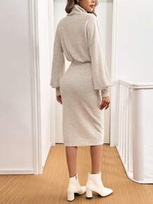 Easowa Women's Casual Solid Color High Neck Split Hem Everyday Knit Dress, Fall/Winter - Apricot - View 6