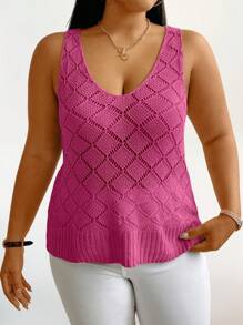 Breezaya 大码女式夏季纯色 V 领镂空休闲针织上衣 - 玫紅色 - 查看 3